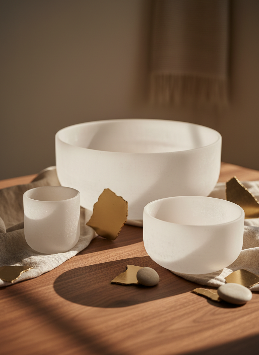 A refined editorial still life of crystal singing bowls arranged on a warm walnut surface in soft natural light, muted cream and champagne gold tones.