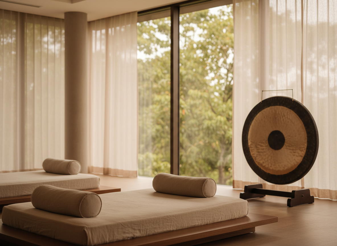 A serene wellness scene: soft cream linens and bolsters arranged for rest, a single hammered metal gong catching warm champagne light near floor-to-ceiling windows.